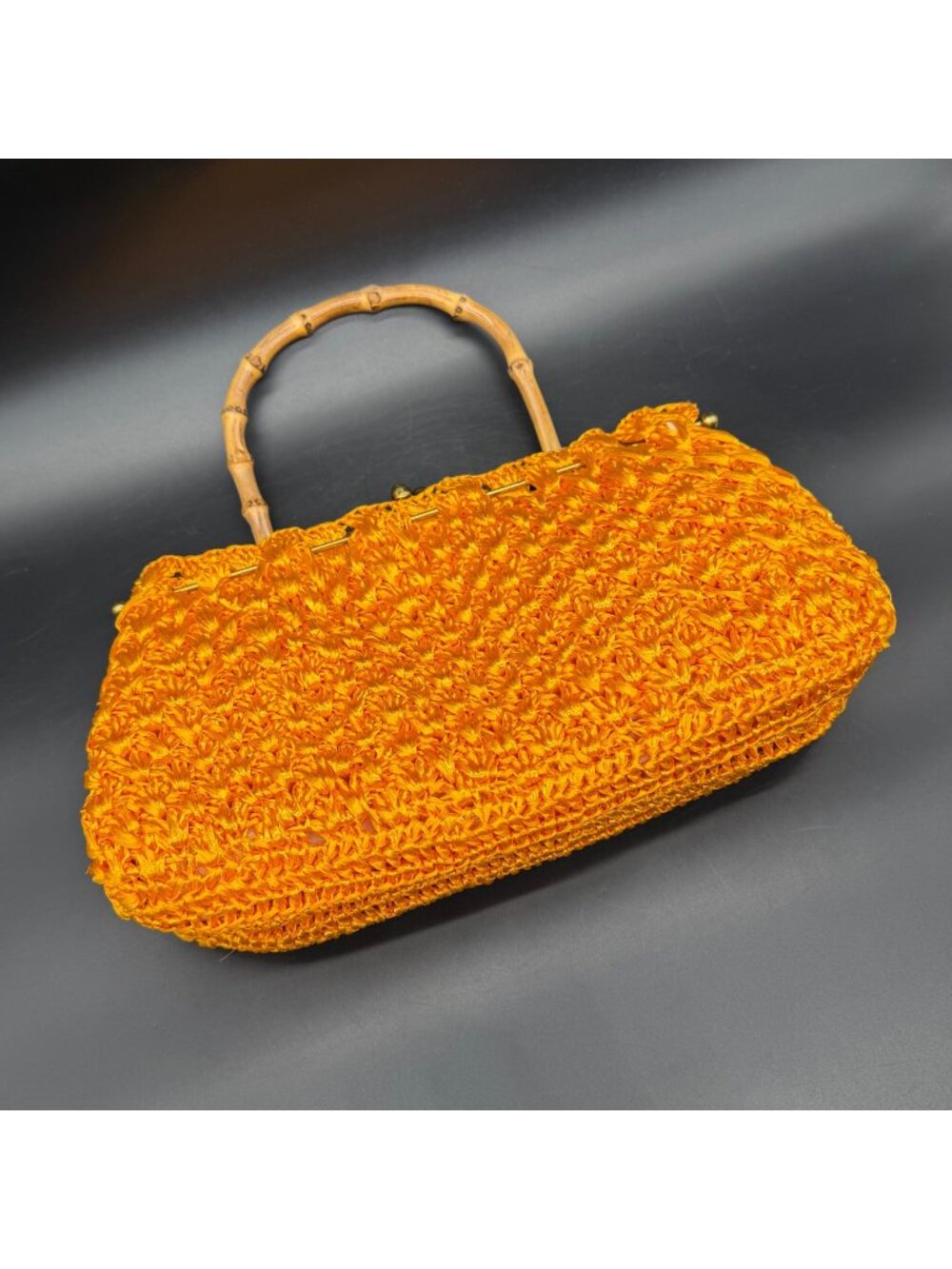 Vintage Orange Crochet Purse Bamboo Handle Mid Century Handbag Retro Fashion